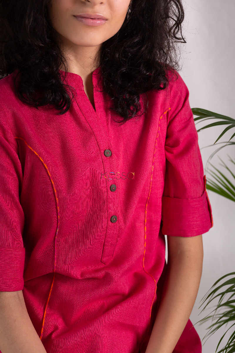 Image for Kusvaa Sa07 Punch Orange Magenta Kurta Pant Set Closeup
