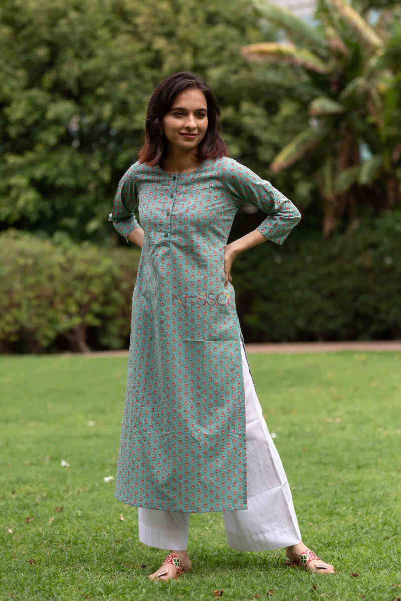 Image for Kusvaa Taf28 Froly Bay Leaf Straight Fit Kurta Clean