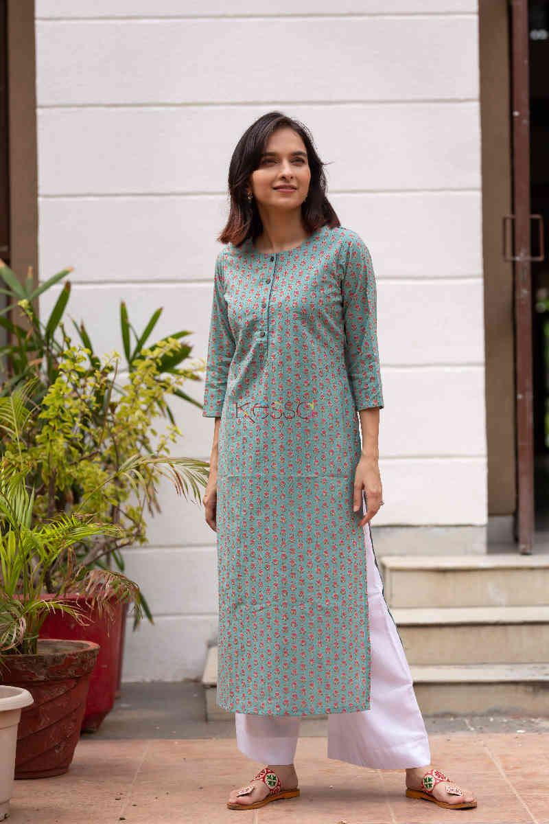 Image for Kusvaa Taf28 Froly Bay Leaf Straight Fit Kurta Front