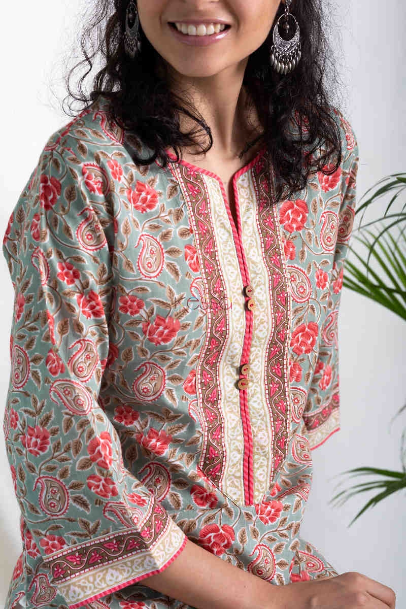 Image for Kusvaa Wa325a Sage Green Pink Multicolor Straight Fit Kurta Closeup