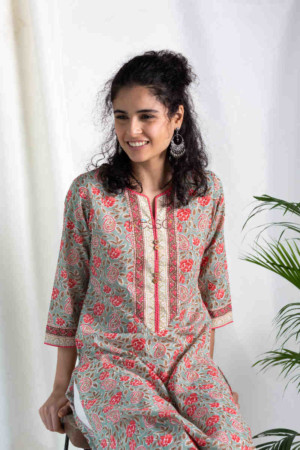 Image for Kusvaa Wa325a Sage Green Pink Multicolor Straight Fit Kurta Feartured