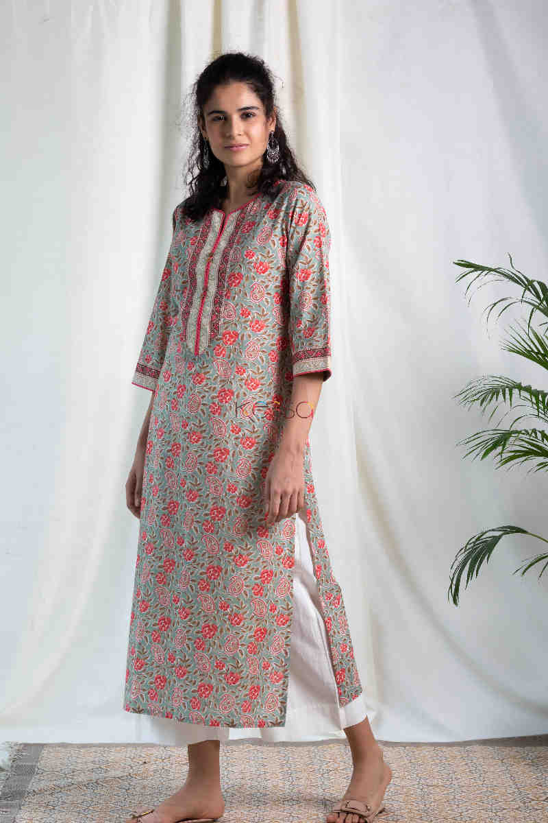 Image for Kusvaa Wa325a Sage Green Pink Multicolor Straight Fit Kurta Front