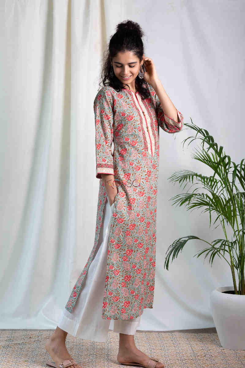 Image for Kusvaa Wa325a Sage Green Pink Multicolor Straight Fit Kurta Side