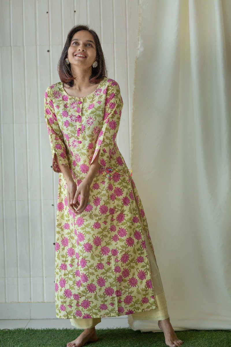 Image for Kusvaa Ws554 Straw Yellow Pink Straight Kurta Featured