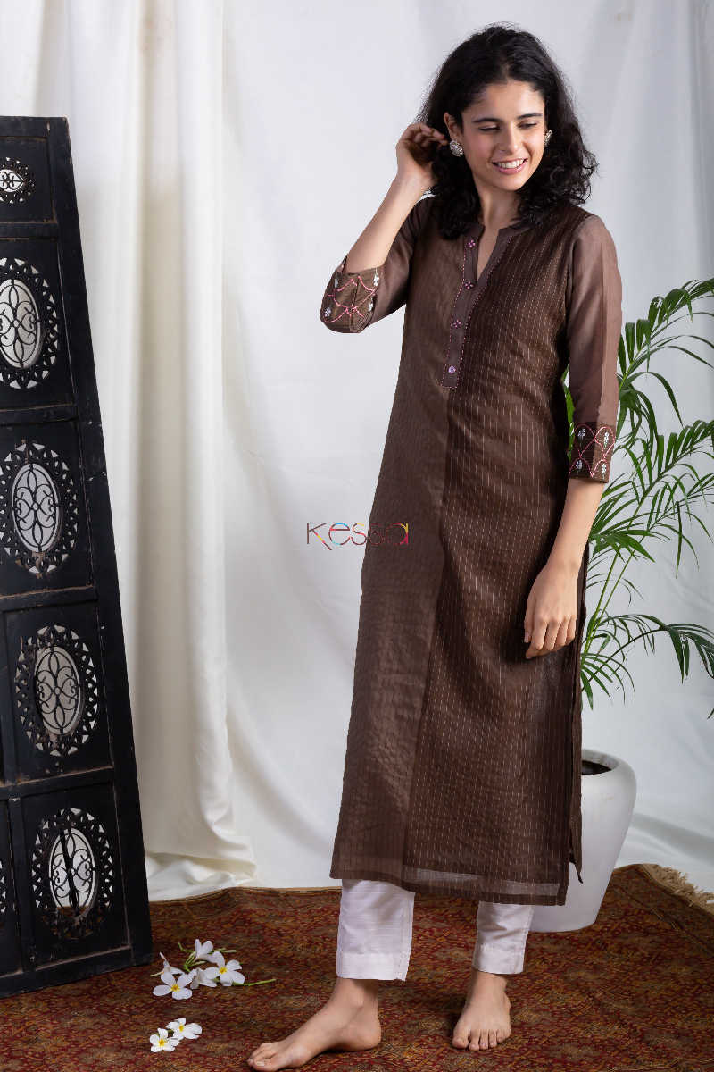 Image for Kusvaa Ws557 Irish Brown Chanderi Kurta Front