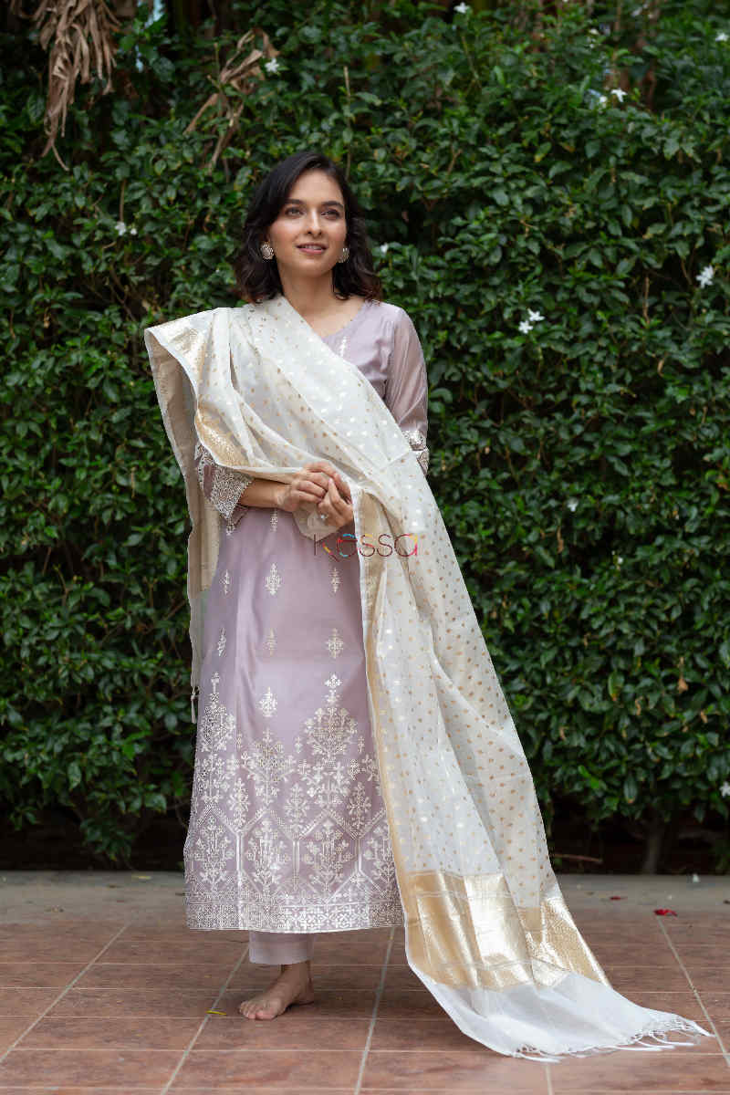 Image for Kusvaa Ws565 Sisal Dusty Gray Chanderi Straight Kurta Dupatta