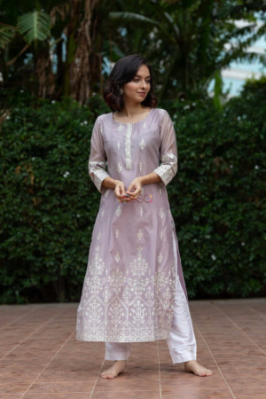 Image for Kusvaa Ws565 Sisal Dusty Gray Chanderi Straight Kurta Featured
