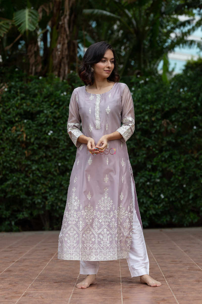 Image for Kusvaa Ws565 Sisal Dusty Gray Chanderi Straight Kurta Featured