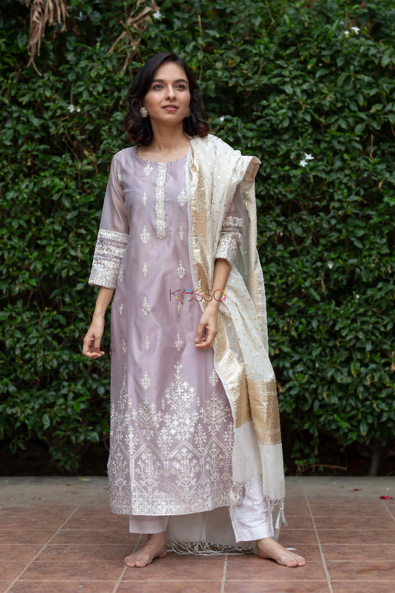 Image for Kusvaa Ws565 Sisal Dusty Gray Chanderi Straight Kurta Pose