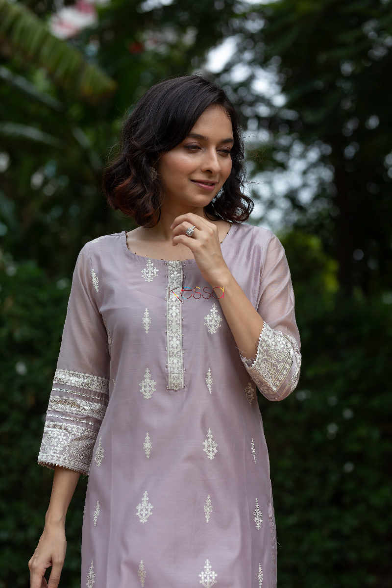 Image for Kusvaa Ws565 Sisal Dusty Gray Chanderi Straight Kurta Top