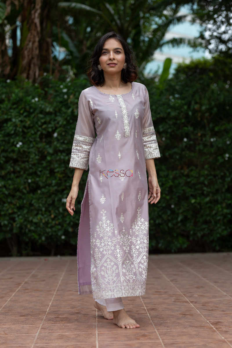 Image for Kusvaa Ws565 Sisal Dusty Gray Chanderi Straight Kurta