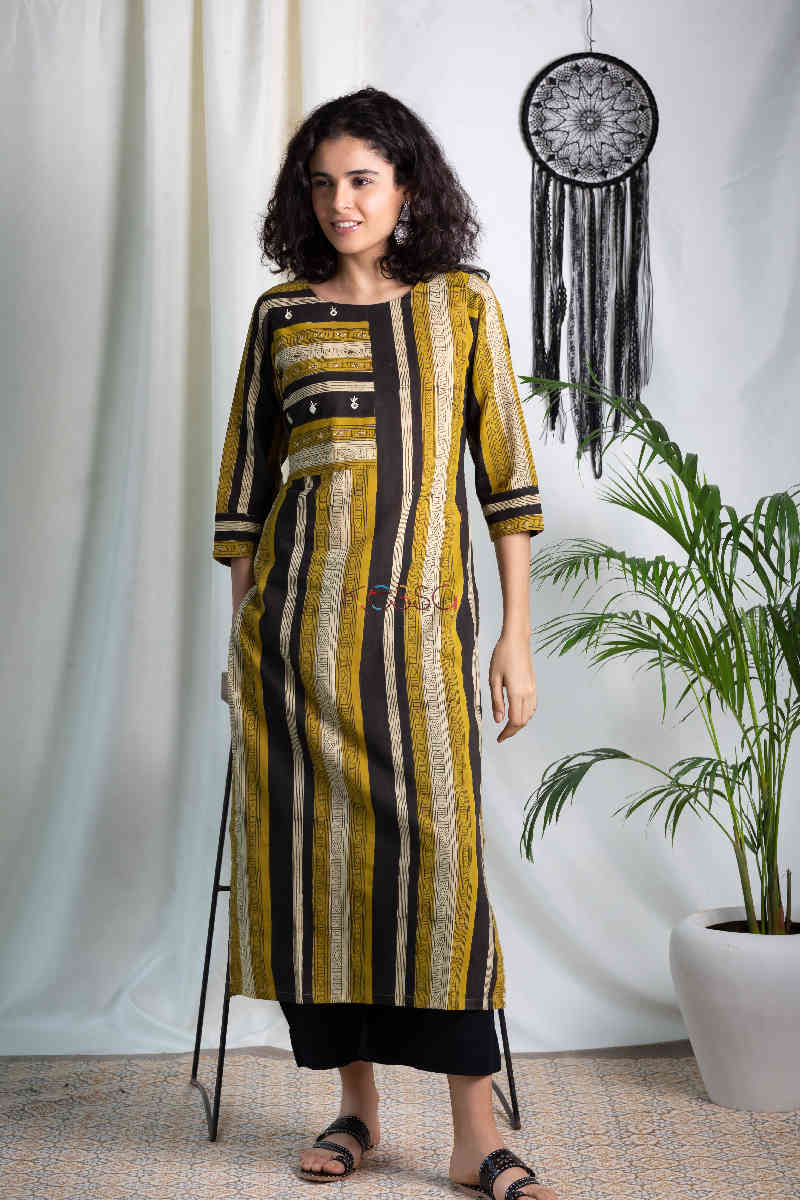 Image for Kusvaa Ws566 Luxor Gold Black Cream Straight Kurta Pocket