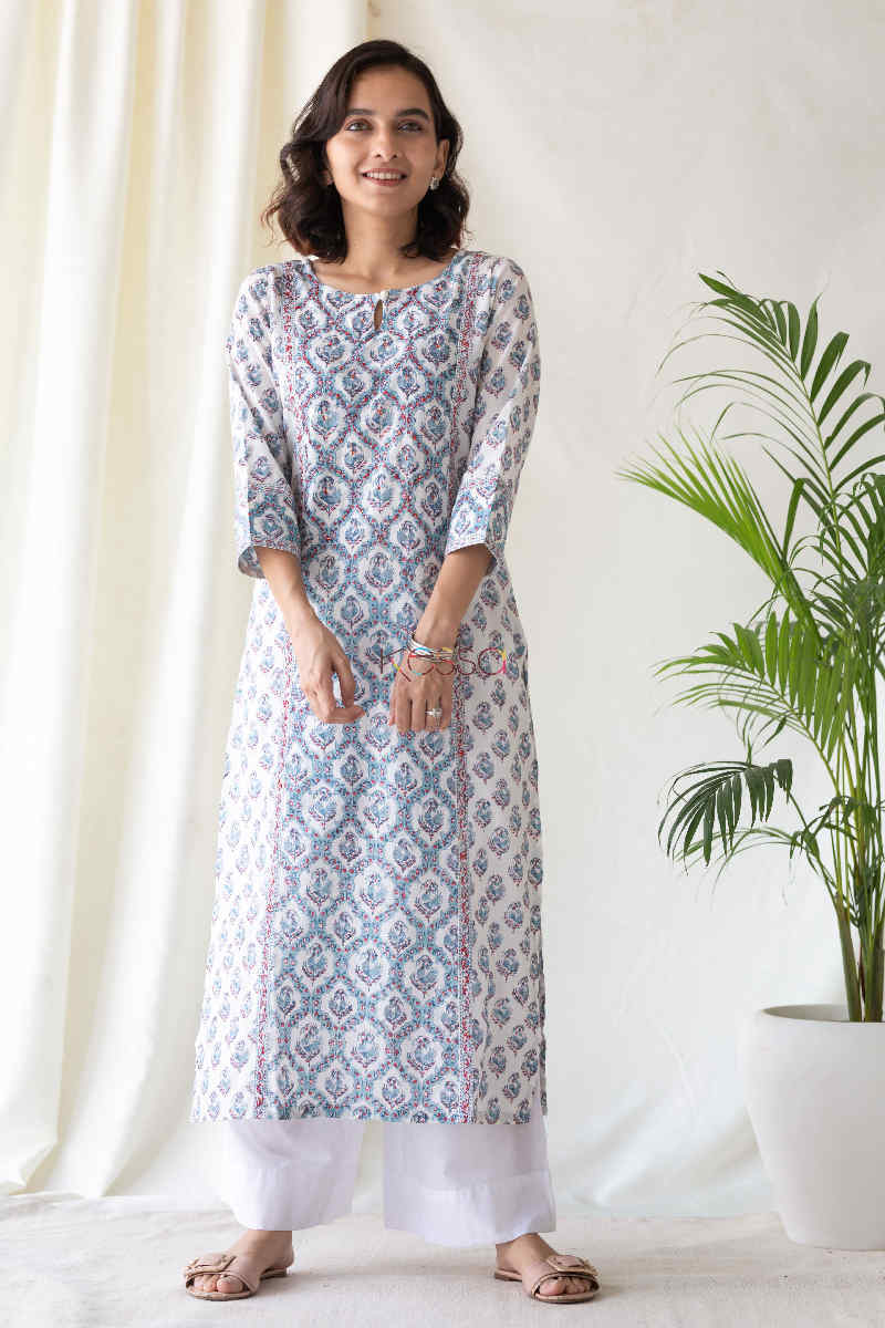 Image for Kusvaa Ws569 Manatee Blue Red Block Print Kurta Featured