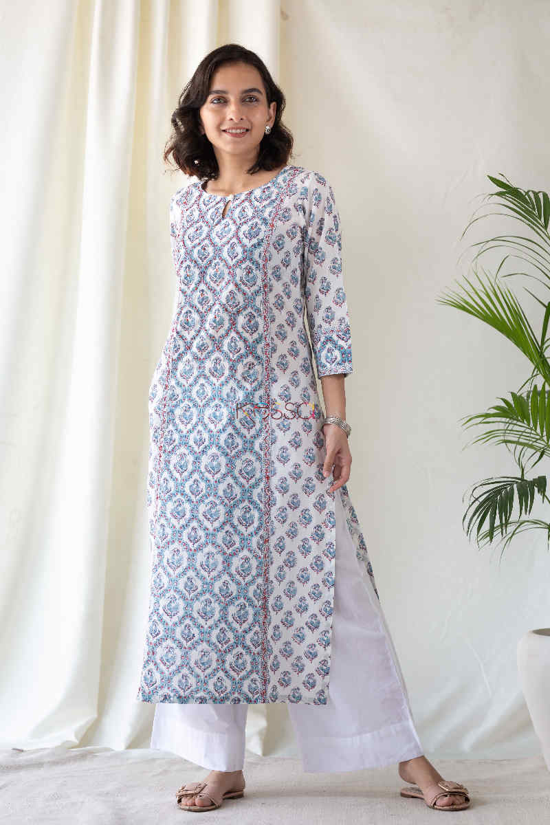Image for Kusvaa Ws569 Manatee Blue Red Block Print Kurta Front