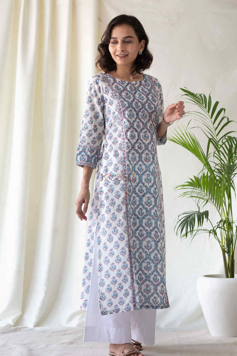 Image for Kusvaa Ws569 Manatee Blue Red Block Print Kurta Side Pose