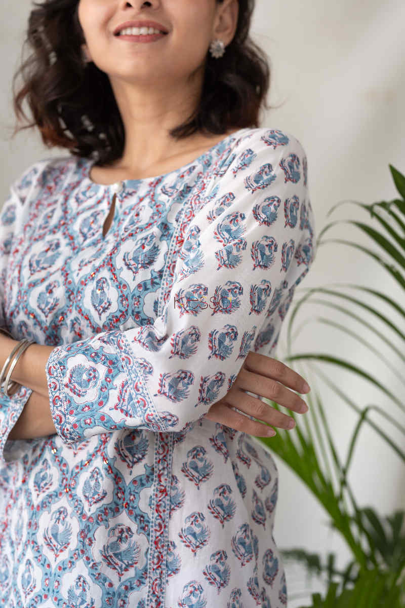Image for Kusvaa Ws569 Manatee Blue Red Block Print Kurta Top