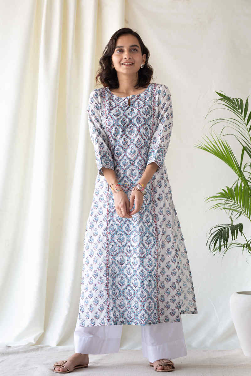Image for Kusvaa Ws569 Manatee Blue Red Block Print Kurta