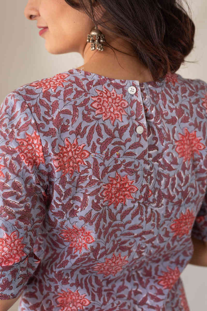 Image for Kusvaa Aep01 Zorba Grey Peach Flower Kurti Back