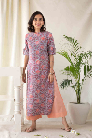 Image for Kusvaa Aep01 Zorba Grey Peach Flower Kurti Featured