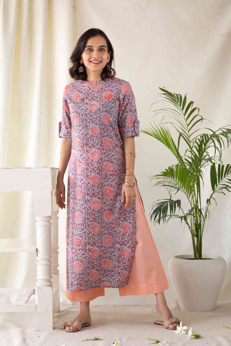 Image for Kusvaa Aep01 Zorba Grey Peach Flower Kurti Featured