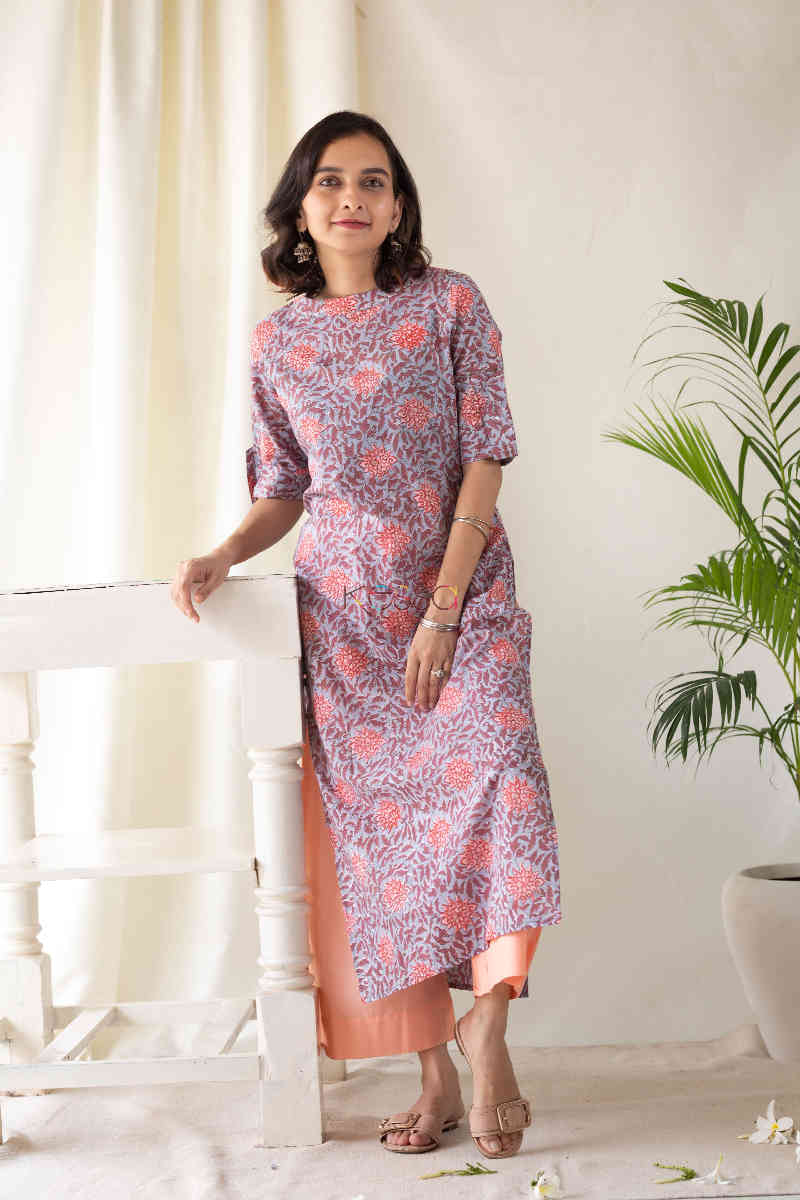 Image for Kusvaa Aep01 Zorba Grey Peach Flower Kurti Standing