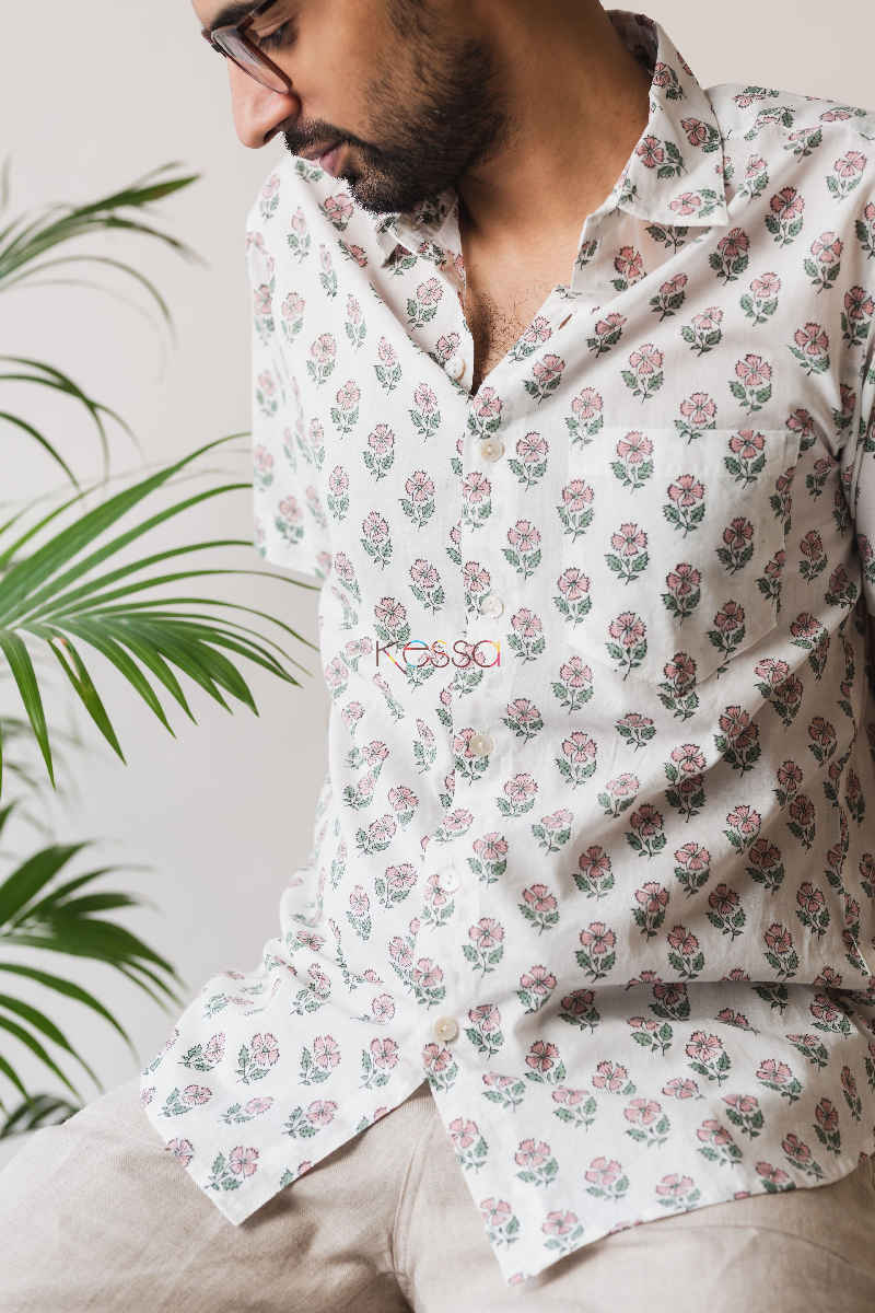 Image for Kusvaa Awk05 Oriental Pink White Block Print Cotton Shirt Closeup