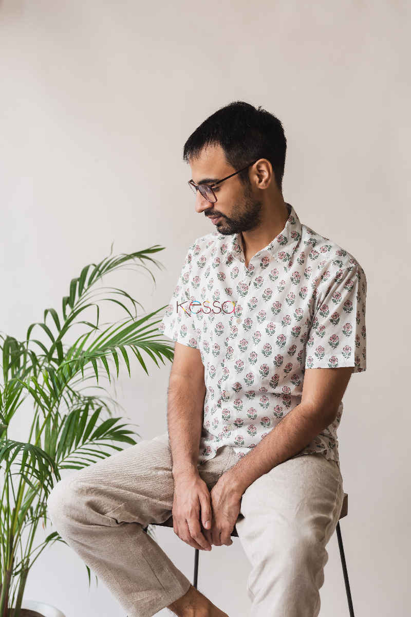 Image for Kusvaa Awk05 Oriental Pink White Block Print Cotton Shirt