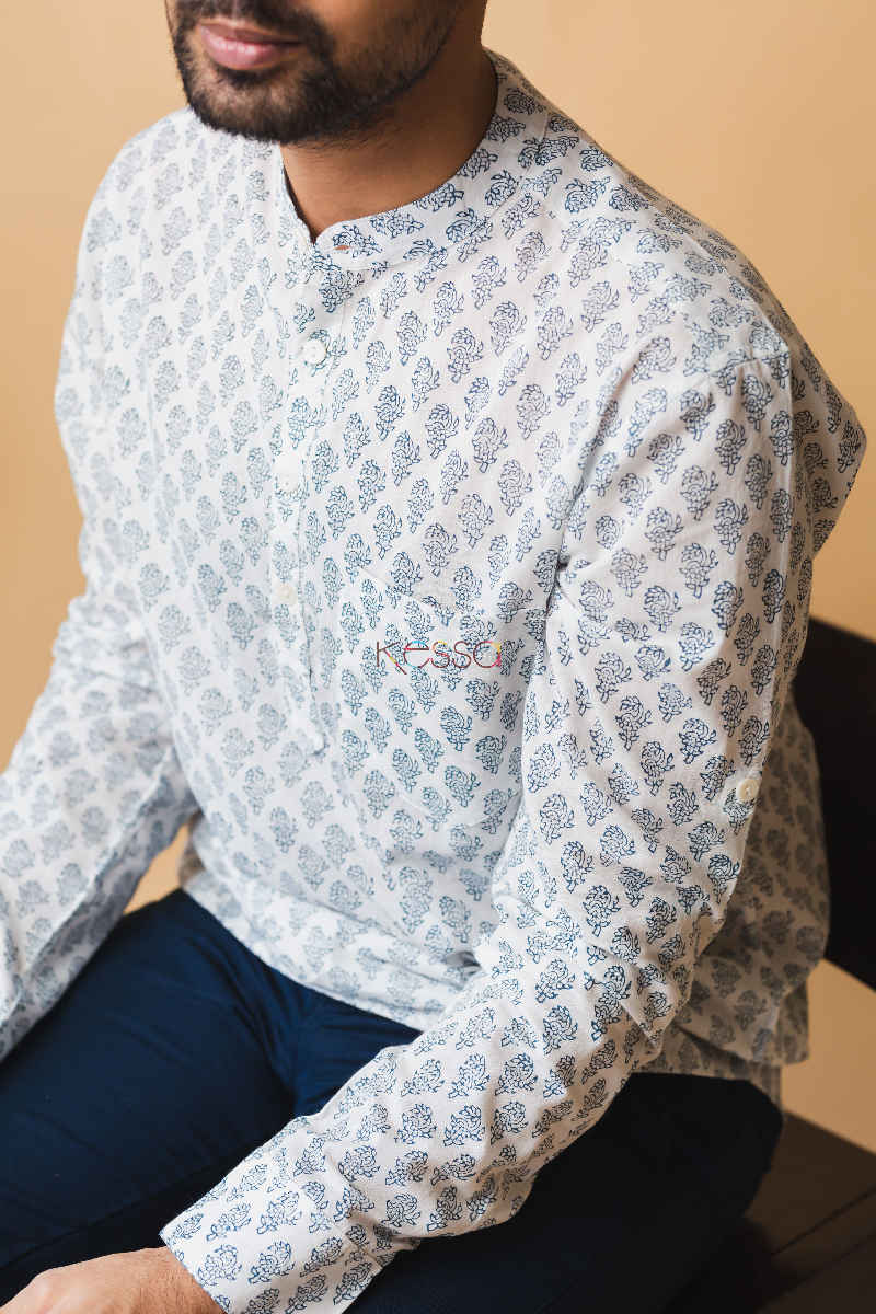 Image for Kusvaa Awk07 Bombay Blue Full Sleeves Men Short Kurta Closeup