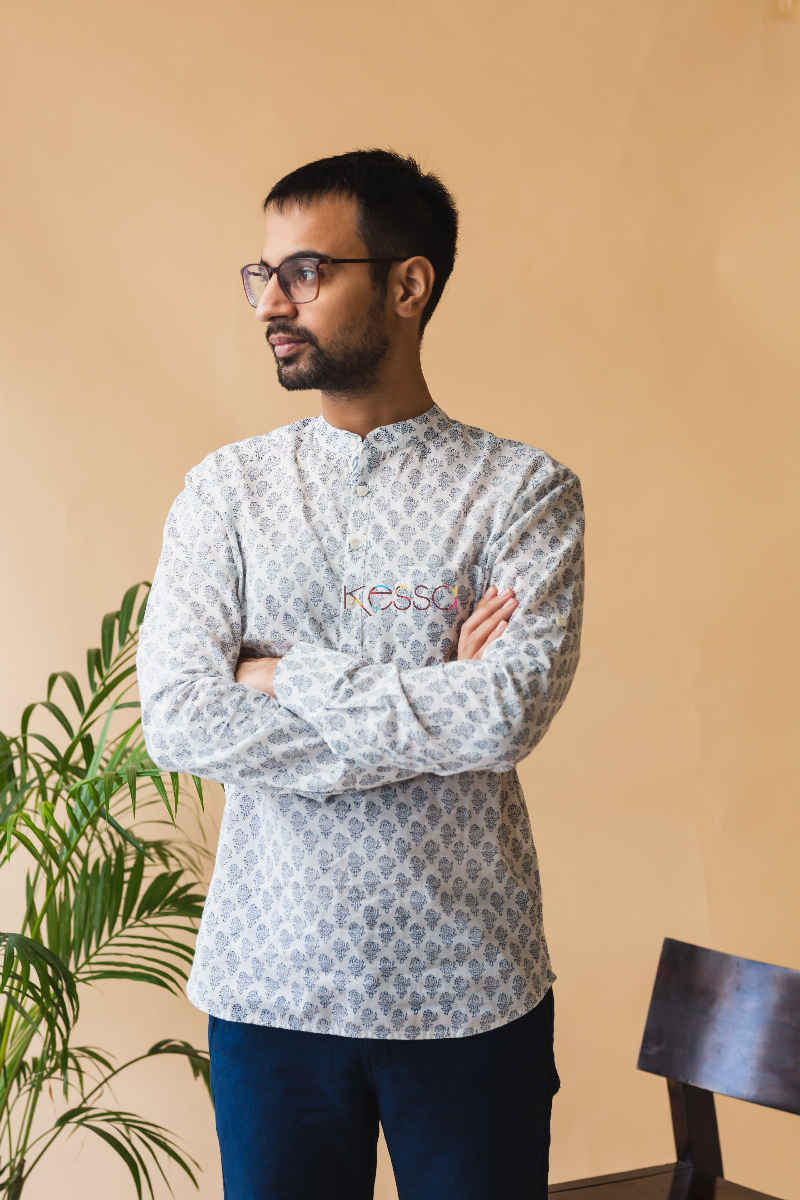 Image for Kusvaa Awk07 Bombay Blue Full Sleeves Men Short Kurta Fold