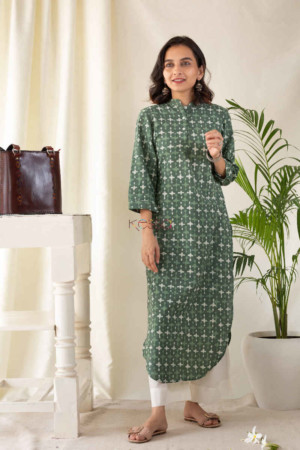 Image for Kusvaa Awp02 Kelp Green Batik Print Cotton Kurta Featured