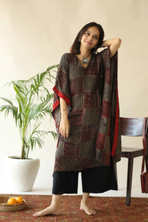 Image for Kusvaa Kc55 Persian Red Ajrakh Print Stripe Kaftan Featured Ue