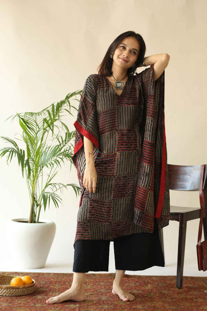 Image for Kusvaa Kc55 Persian Red Ajrakh Print Stripe Kaftan Featured Ue