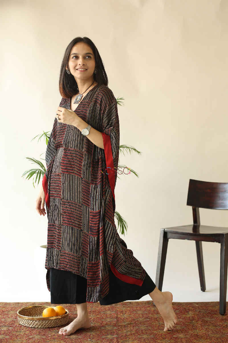 Image for Kusvaa Kc55 Persian Red Ajrakh Print Stripe Kaftan Side Ue