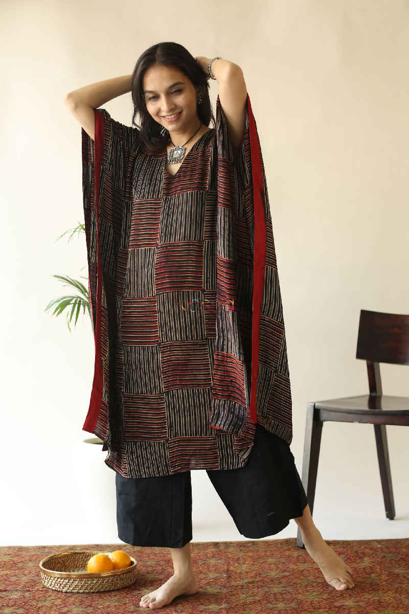 Image for Kusvaa Kc55 Persian Red Ajrakh Print Stripe Kaftan Sleeves Ue