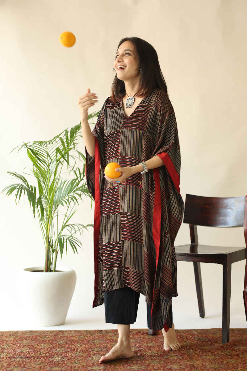 Image for Kusvaa Kc55 Persian Red Ajrakh Print Stripe Kaftan Ue