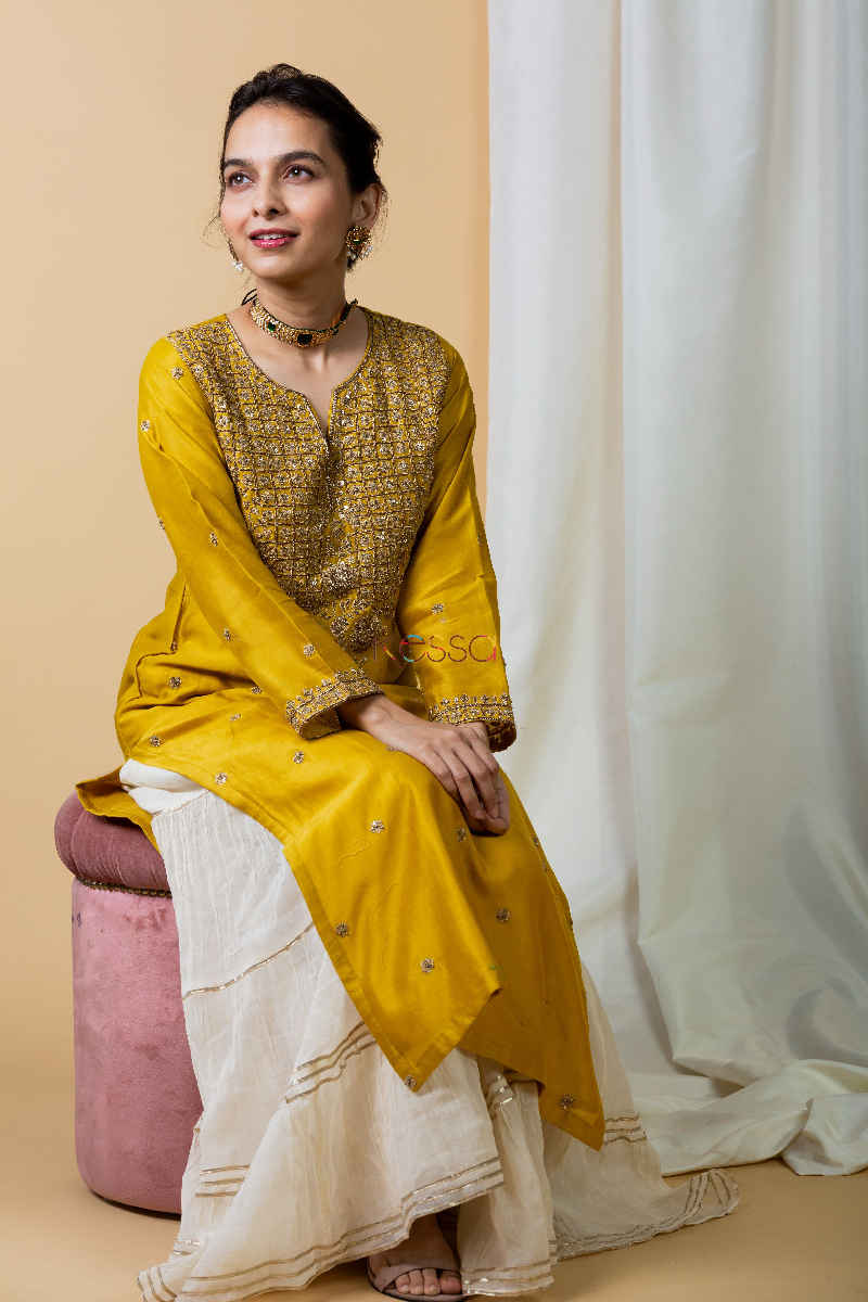 Image for Kusvaa Kupa07 Gamboge Yellow Chanderi Silk Kurta Sitting