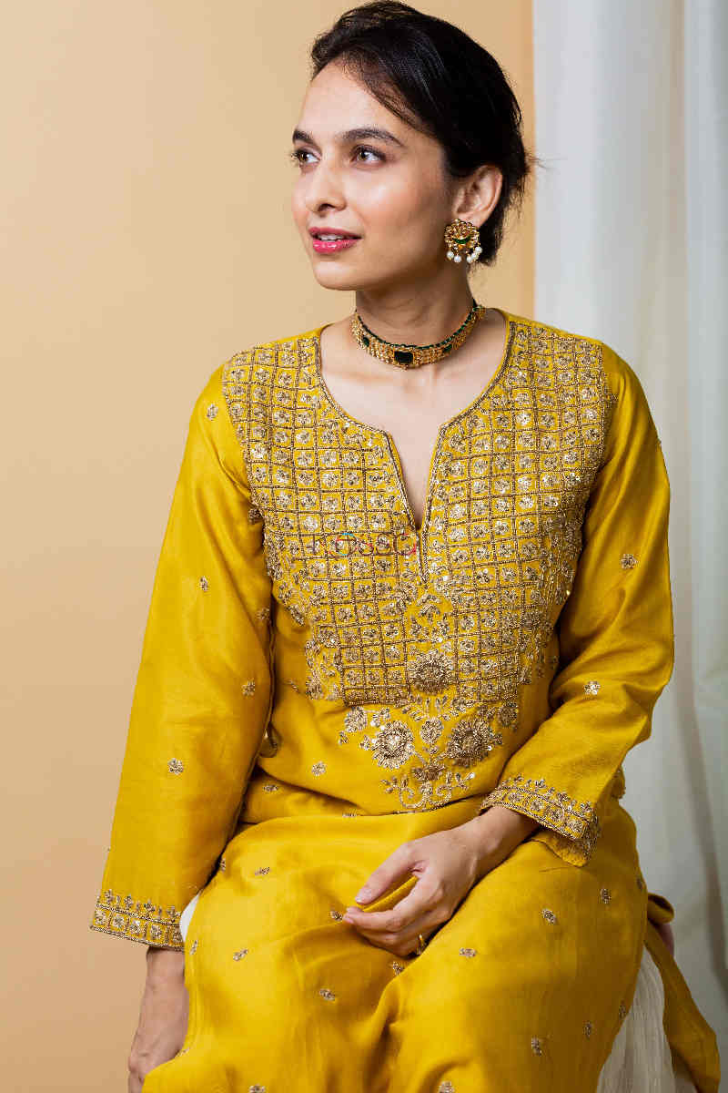 Image for Kusvaa Kupa07 Gamboge Yellow Chanderi Silk Kurta