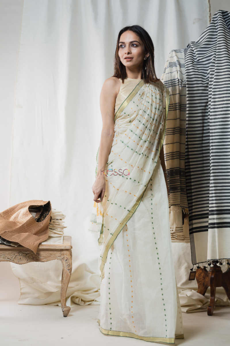 Image for Kusvaa Kuss03 Cream Taat Bengali Saree Side