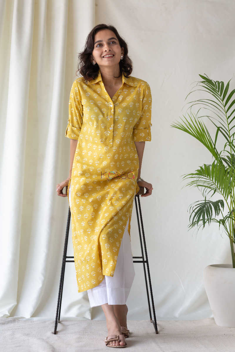 Image for Kusvaa Sa10 Mandalay Yellow Regular Wear Kurta Front