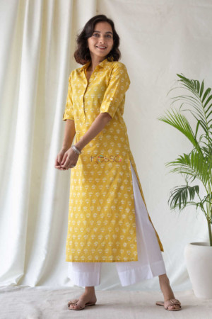 Image for Kusvaa Sa10 Mandalay Yellow Regular Wear Kurta Side