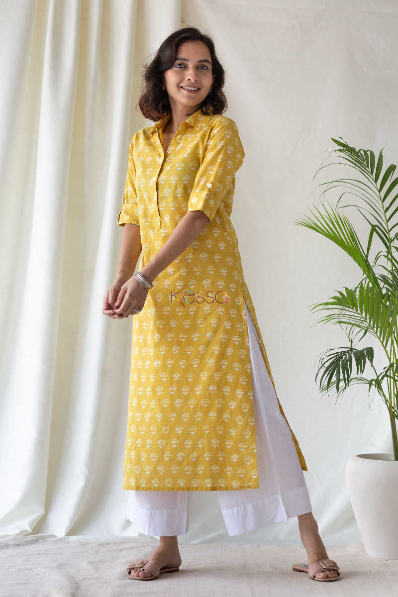 Image for Kusvaa Sa10 Mandalay Yellow Regular Wear Kurta Side