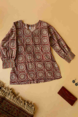 Image for Kusvaa Ws120 Tamarillo Sandal Ajrakh Print Short Kurti Featured