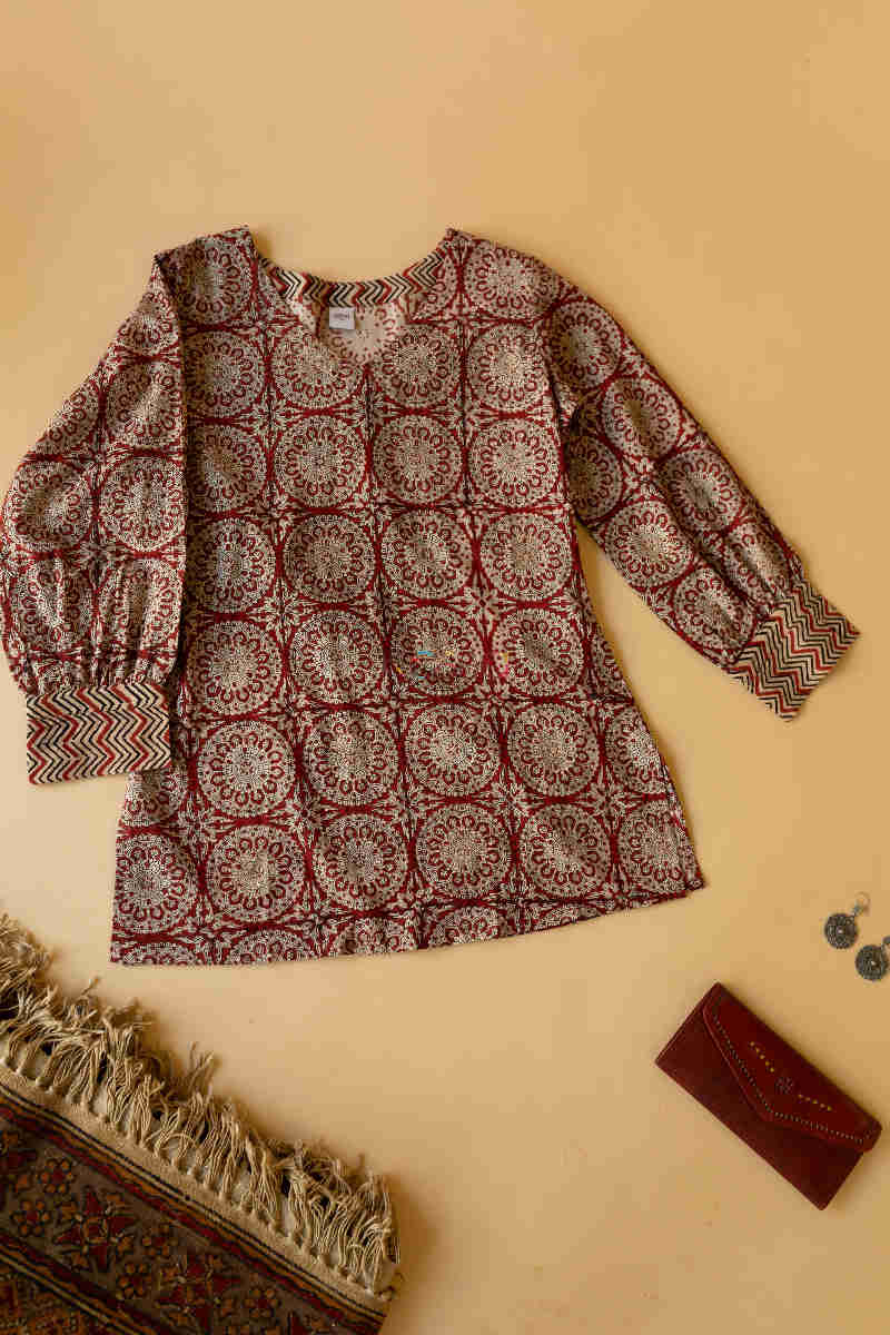 Image for Kusvaa Ws120 Tamarillo Sandal Ajrakh Print Short Kurti Featured