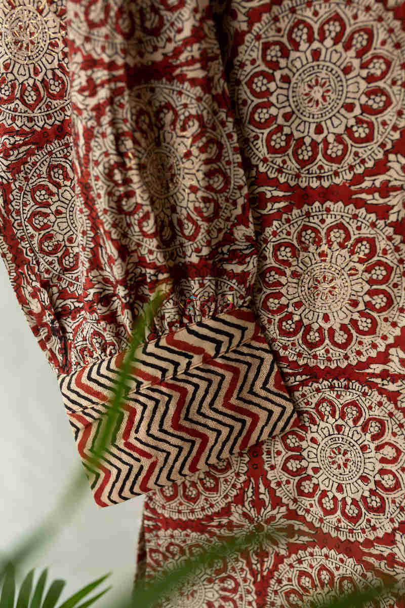 Image for Kusvaa Ws120 Tamarillo Sandal Ajrakh Print Short Kurti Sleeves