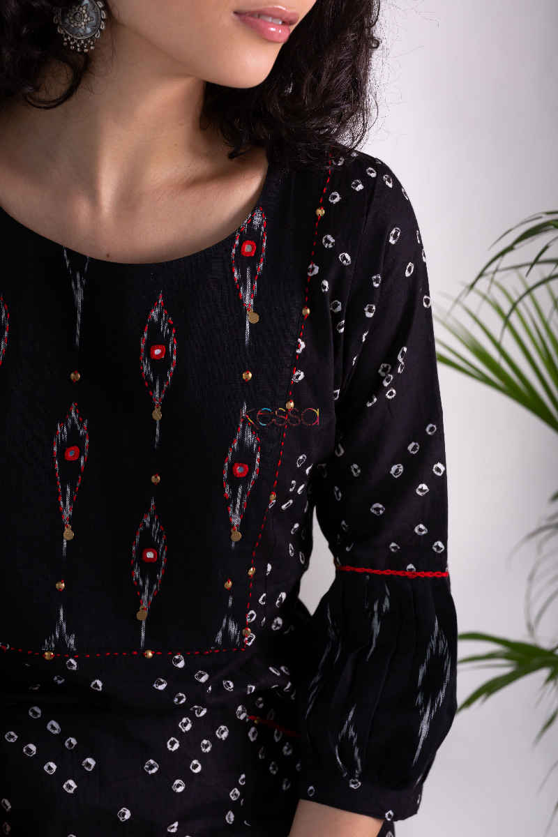 Image for Kusvaa Ws570 Black Bandhani Ikkat A Line Kurta Closeup