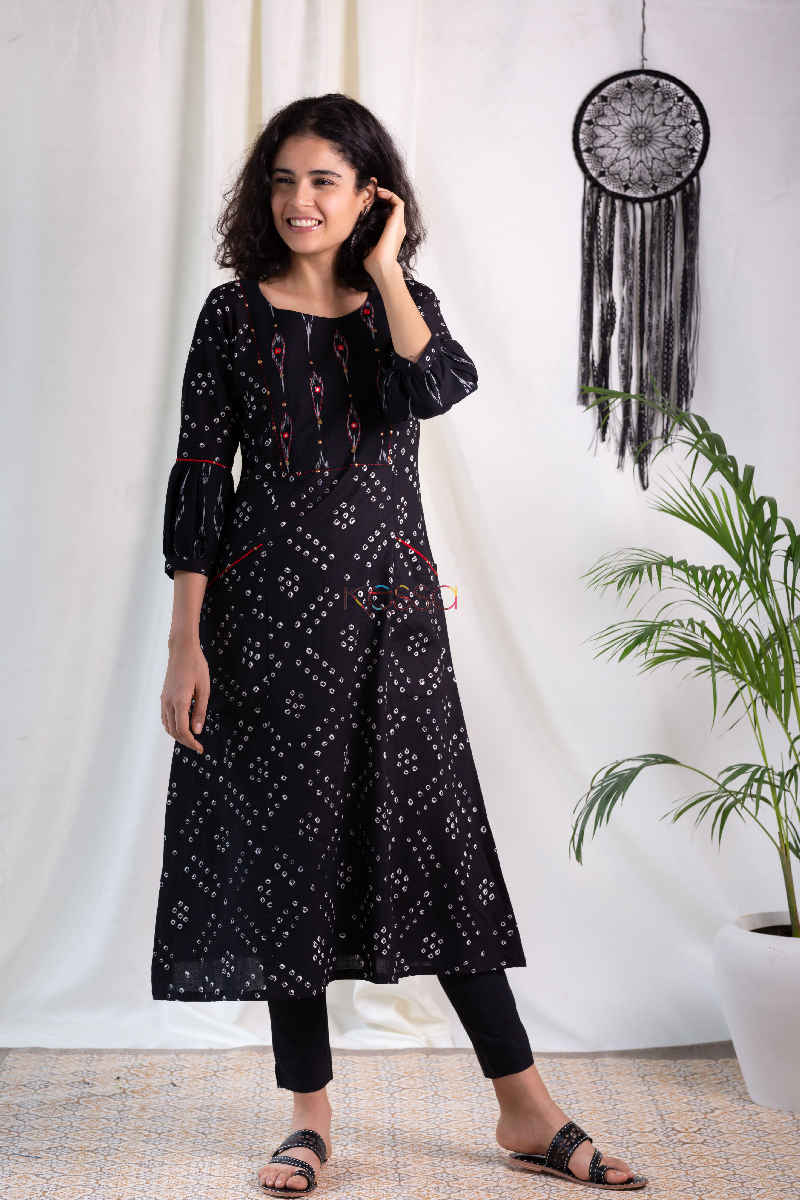 Image for Kusvaa Ws570 Black Bandhani Ikkat A Line Kurta Featured