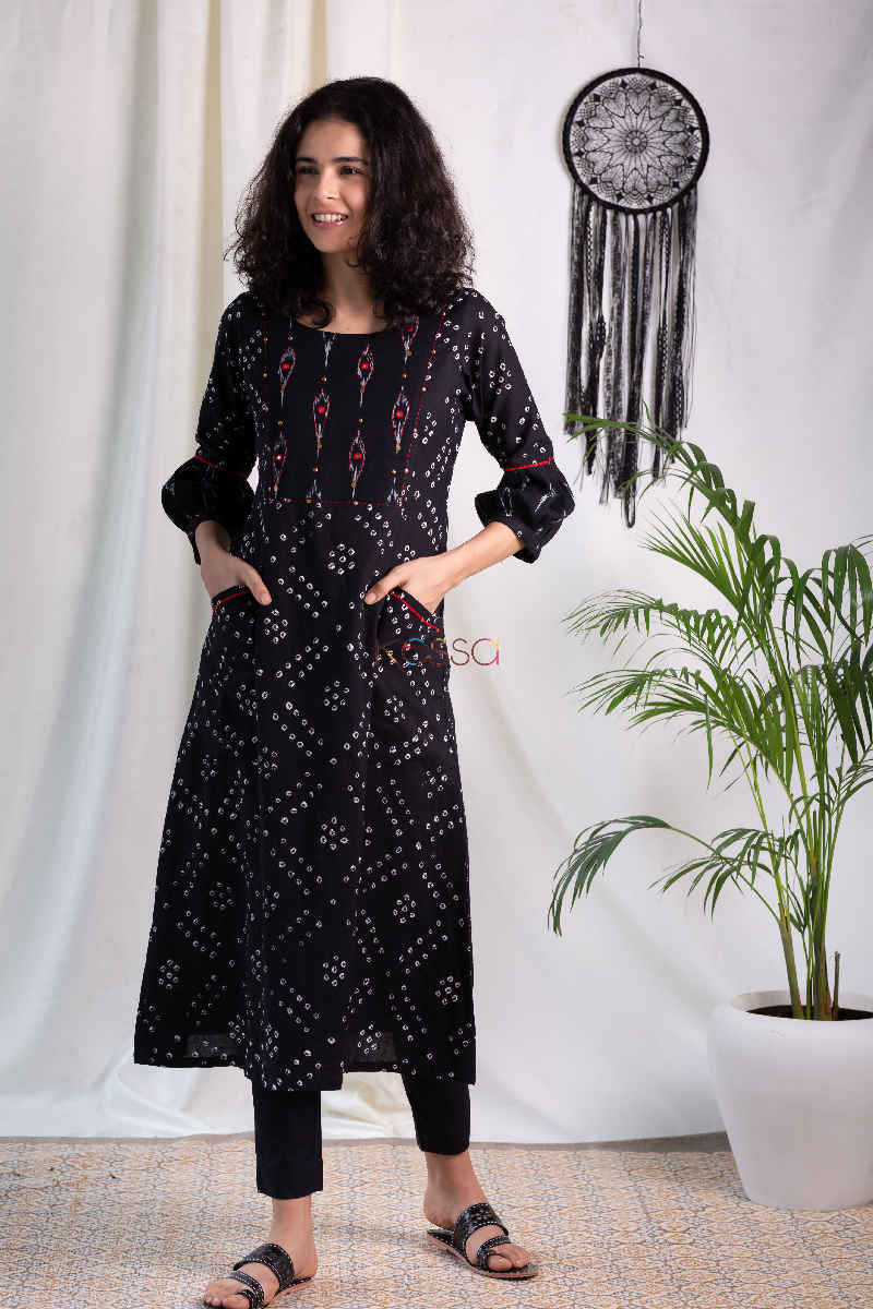 Image for Kusvaa Ws570 Black Bandhani Ikkat A Line Kurta Pockets