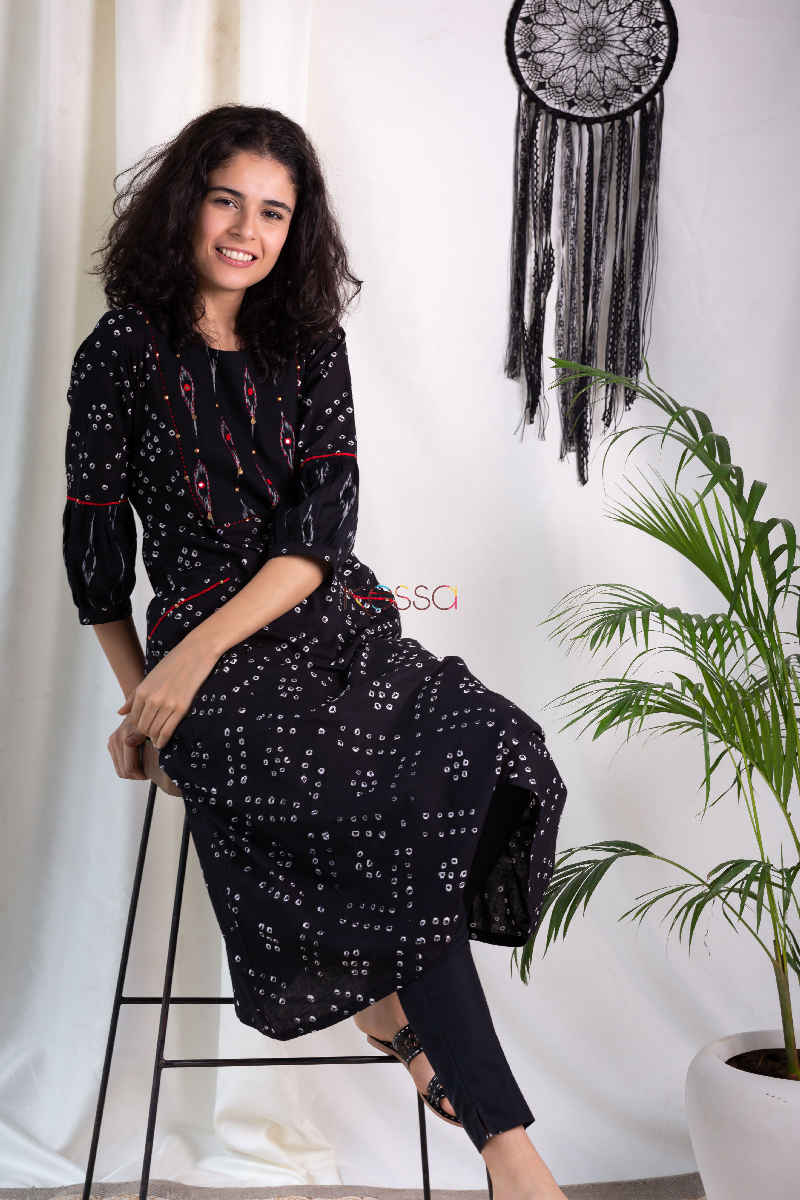 Image for Kusvaa Ws570 Black Bandhani Ikkat A Line Kurta Sitting