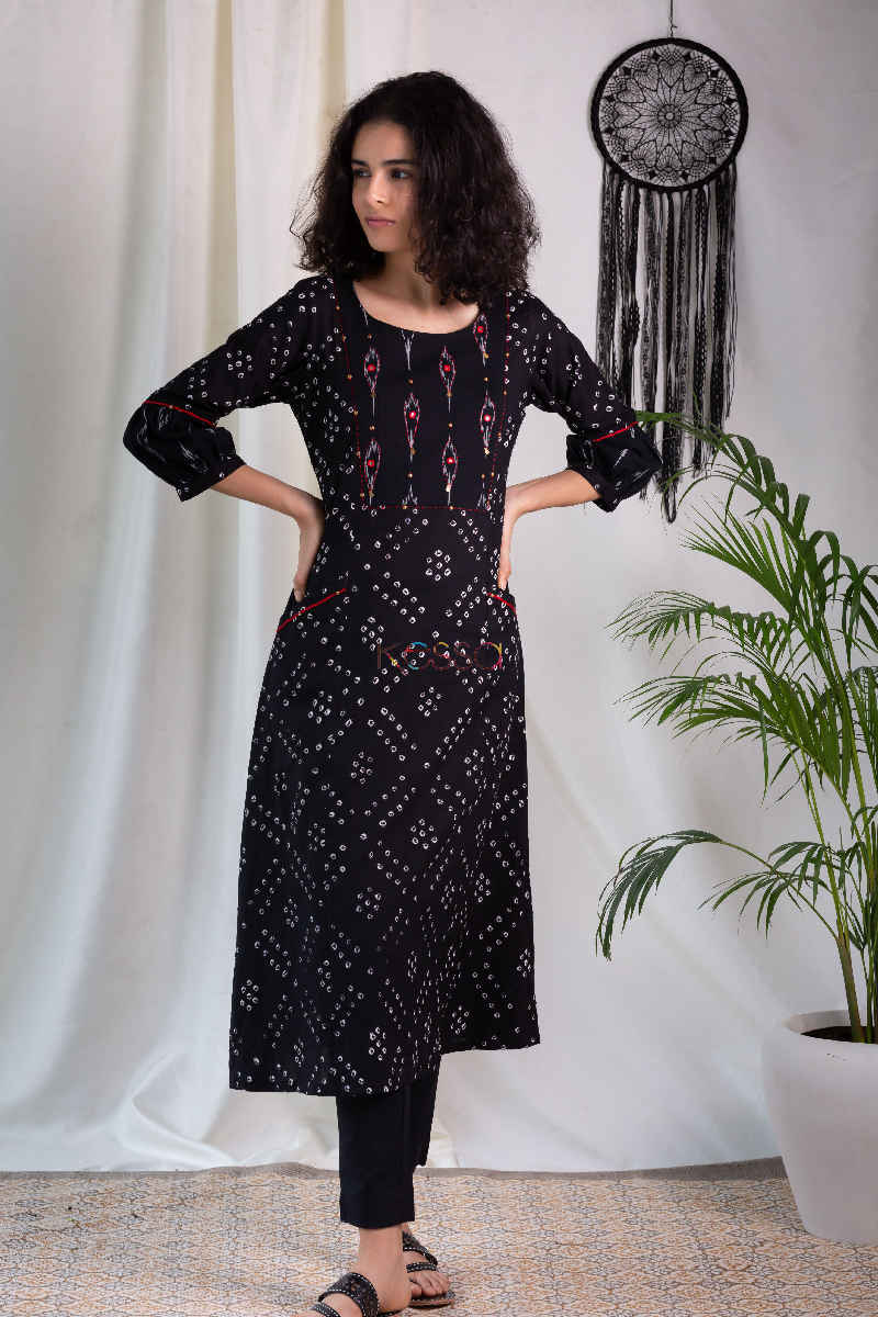 Image for Kusvaa Ws570 Black Bandhani Ikkat A Line Kurta