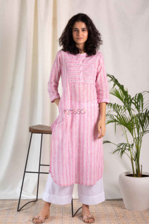 Image for Kusvaa Ws575 Apricot Peach Stripe South Cotton Kurta Pocket